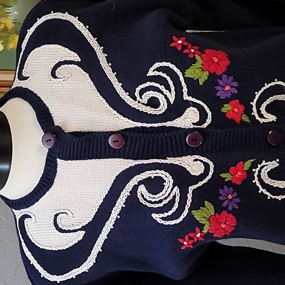HERMAN GEIST hand embroidered coastal granny cardigan sweater size large blue - Picture 2 of 16